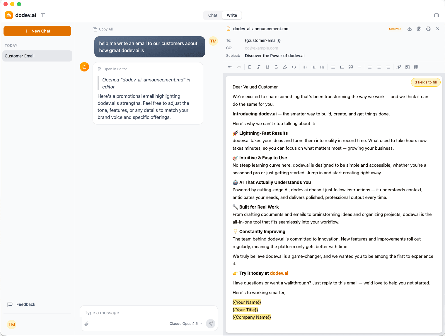 Jubal desktop app showing Chat and Write mode with document editor